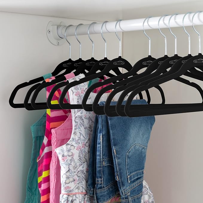 Simplify 50 Pack Kids Velvet Hangers | Slim | Non-Slip Design | Space Saving | Childrens Clothes | Shirts | Pants | Dresses | Baby Nursery | Closet Storage & Organization | Black - Image 3