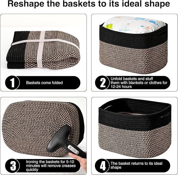 ICERZCZ Storage Baskets for Organizing Shelves, Toy Basket for Kid's Room, Woven Cotton Rope Basket for Decor, Organizing Baskets for Bedroom Living Room, 15"x11"x9.5", 3 Packs, Black & Jute - Image 7