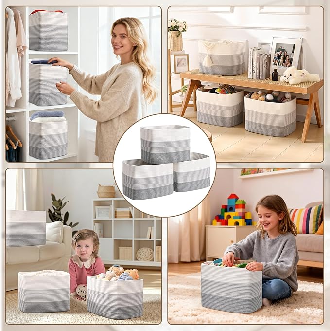 3 Pack Cube Storage Bin, 17”x12”x12” Cotton Rope Woven Baskets for Organizing Toys Clothes Towels, Square Gift Storage Baskets for Shelves, Nursery, Closet, Bathroom, Pantry (Gradient Grey) - Image 8