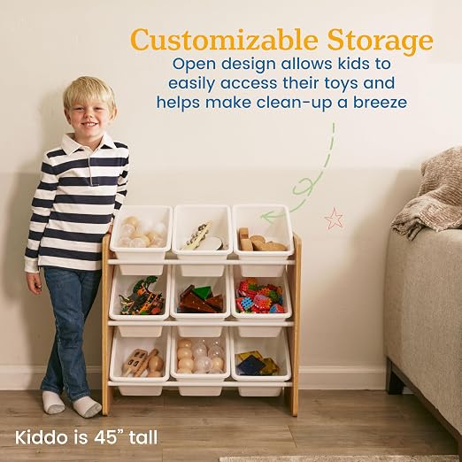 ECR4Kids 3-Tier Organizer with 9 Removable Plastic Bins, 3x3, Toy Storage, Dark Natural/White | Durable plastic bins, MDF panels, steel frame, GREENGUARD Gold Certified, 27 lb capacity, anti-tip kit, playroom/classroom - Image 5