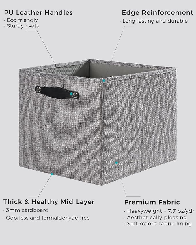 Cube Storage Bins | 13"x15"x13", Dim Gray, 4 Pack | Multi-Size | 2X Thick Support Board | Vegan Leather Handles | 7.7 oz/yd² Fabric | Drawer Insert Basket Fits KALLAX - Image 4