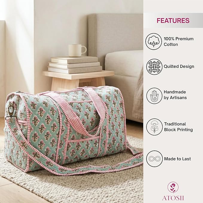 ATOSII Large Duffle Bag, Handblock Print 100% Quilted Cotton for Overnight Trip, Travel Weekender, Luggage, 2 Pockets with Zipper, 1 Front Pocket, Detachable Long Strap, 20 X 10 X 12 Inches, Bluebell - Image 4
