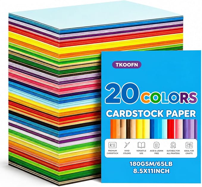 Tkoofn 500 Sheets 8.5" x 11" Colored Cardstock for Kids Card Making DIY | 20 Assorted Colors,180GSM/65LB,Heavyweight Construction CardStock Printer Paper for School Supplies,Party Decorations by TKOOFN