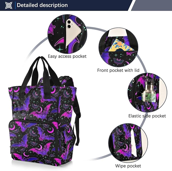 MNSRUU Diaper Bag Purple Bat Gothic Diaper Bag Backpack Multifunction Travel Diaper Bag Tote Large Capacity Diaper Changing Backpacks for Moms Dads - Image 2