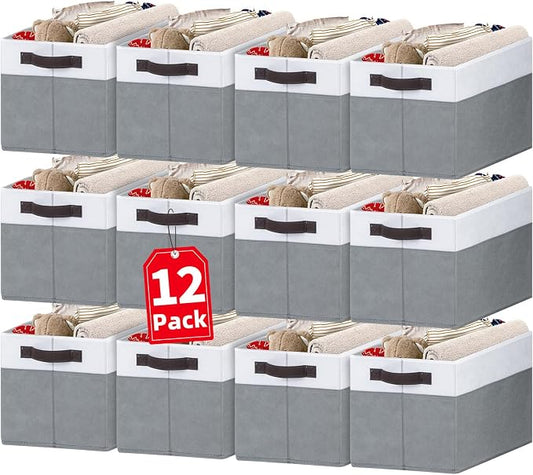 12 Pack Large Storage Baskets for Shelves | Fabric Closet Organizers and Storage Bins with Handles for Home Organization | Decorative Collapsible Basket for Organizing Clothes Toy Nursery by Criusia