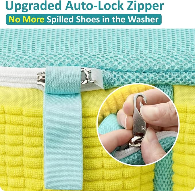Shoe Washing Machine Bag for Sneaker Cleaning Laundry Shoe Bag, Yellow | Dual Compartment, Full Protection, Clasp-Lock Zipper, Dense Chenille, Bound Edge & Seams - Image 5