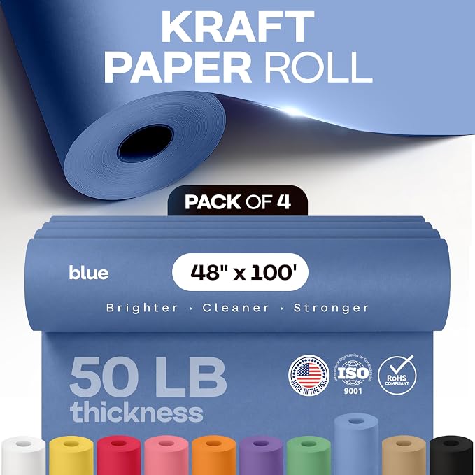 48" x 1200" (100 ft) Blue Kraft Paper Roll, Pack of 4 - USA-Made Quality Craft Paper for Gift Wrapping, Kids' Arts & Crafts, School Projects - 100% Recycled, 50 lb Natural Material by IDL Packaging - Image 4