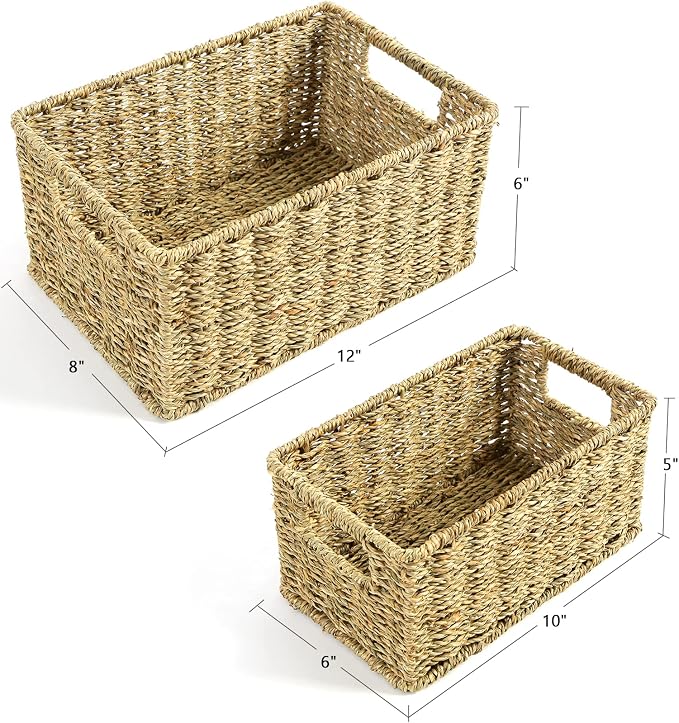 HOONEX Wicker Baskets for Storage, Seagrass Baskets with Dual Handles, Woven Baskets for Shelves, Set of 2, Natural - Image 4