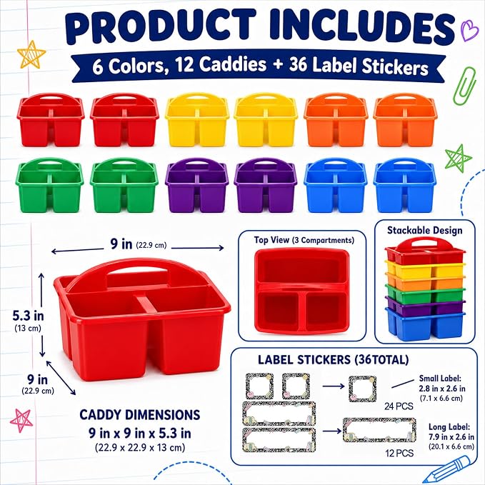 12 Pack Large Colorful Classroom Caddy Organizer with Composition Notebook Label Stickers 3 Compartments Teacher Supply Storage Caddy Table Caddies Holder for Classroom Desk Craft Art School Supplies - Image 2