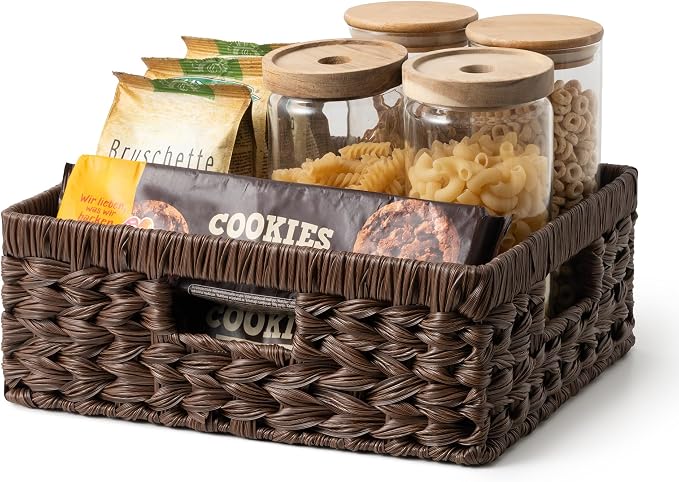 GRANNY SAYS Wicker Storage Baskets for Shelves, Dark Brown Baskets, 1-Pack | Waterproof Wicker Baskets for Organizing,Plastic Brown Baskets for Shelves,Woven Baskets for Pantry Storage,Decorative Basket by GRANNYSAYS