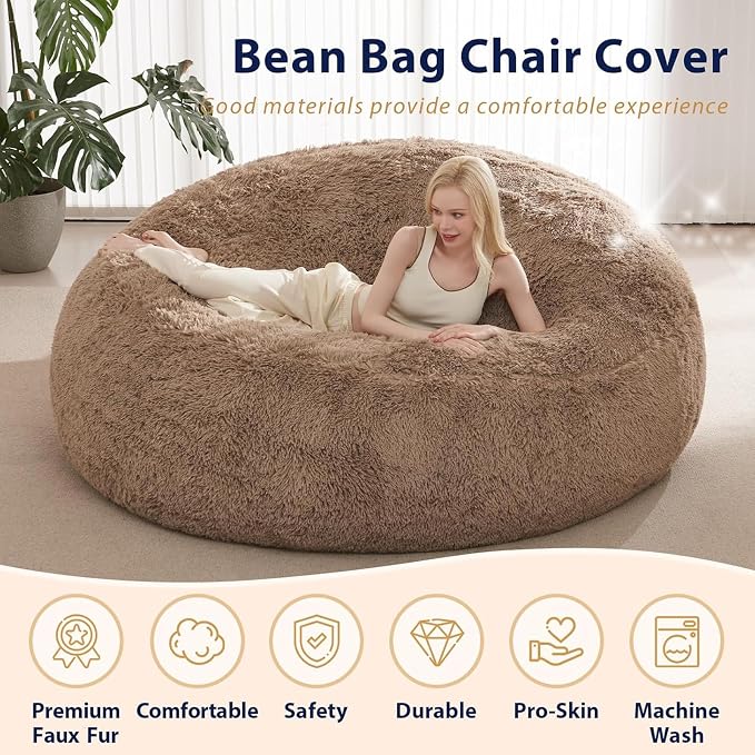 Bean Bag Cover (No Filler), Faux Fur Beanbag Chairs Covers Only, Stuffed Animal Storage Bean Bag, Giant Washable Beanbag Cover Without Filling, 6FT, Khaki - Image 4