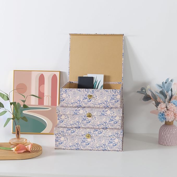Soul & Lane - Blue Floral Storage Boxes with Gold Hardware, Set of 3 | Keepsake Trunk Style Storage Boxes with Lids for Home Decor and Organizing, Cute White Vintage Wedding Memory Chests - Image 7