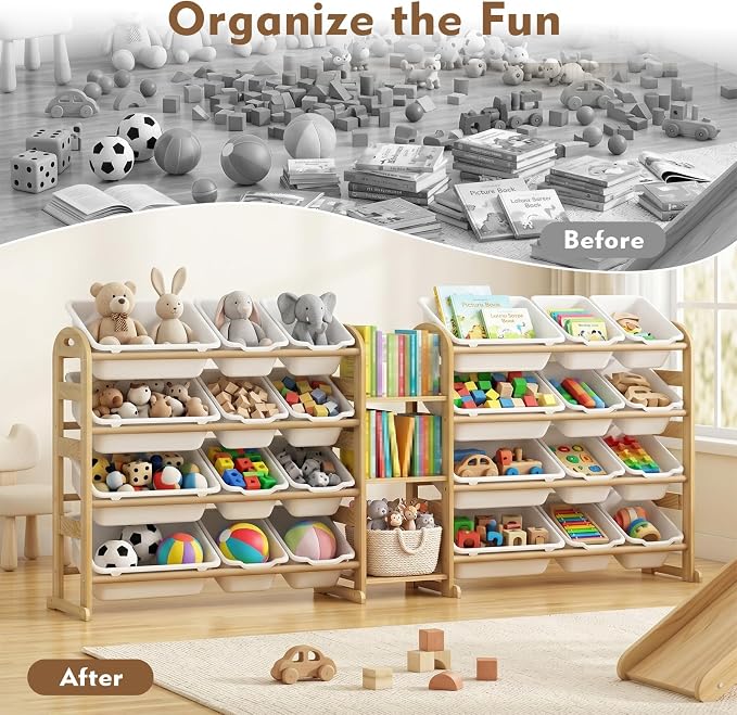 Large Wooden Toy Storage Organizer, 62" W White 3-Shelf Bookcase/Bookshelf with 24 Toy Bins, Large Toy Organizers and Storage, Toy Box for Playrooms, Bedrooms Organization - Image 5
