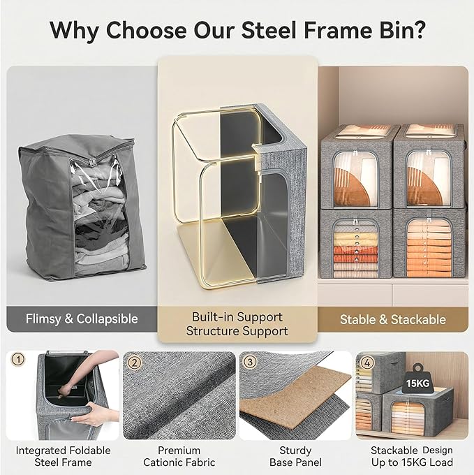 GoMaihe Blanket Storage Bins with Metal Frame for Closet, 55L 4-Pack Grey | Clothing Comforters Bedding Winter Coat, Closet Top Shelf, Collapse-Proof Stackable, Clear Window, Dual Access Space Saving - Image 2