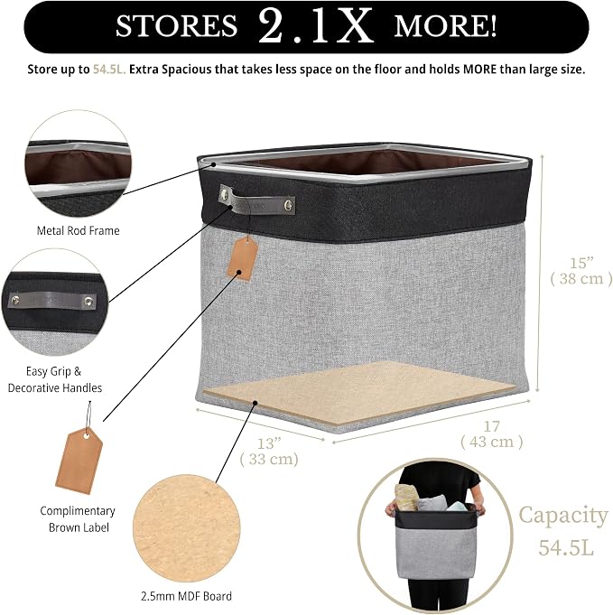 DECOMOMO Extra Large Storage Baskets, 54.5L Fabric Storage Bins 3 Pack | XXXL Storage Baskets for Shelves, Linen Closet Organizers (Grey & Black, 17" x 13" x 15") - Image 3