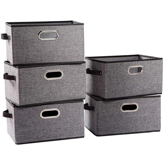 Large Collapsible Storage Baskets for Closet [5-pack] Decorative Fabric Storage Bins Cubes with Leather/Metal Handles for Shelves Bedroom Living Room Grey (14.9x9.8x8.3 Inch) by Prandom