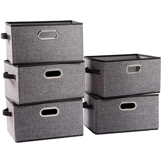 Larger Collapsible Storage Bins for Closet [5-pack] Decorative Linen Fabric Storage Baskets Cubes with Leather/Metal Handles for Living Room Grey (17.3x12.2x10.4 Inch) by Prandom