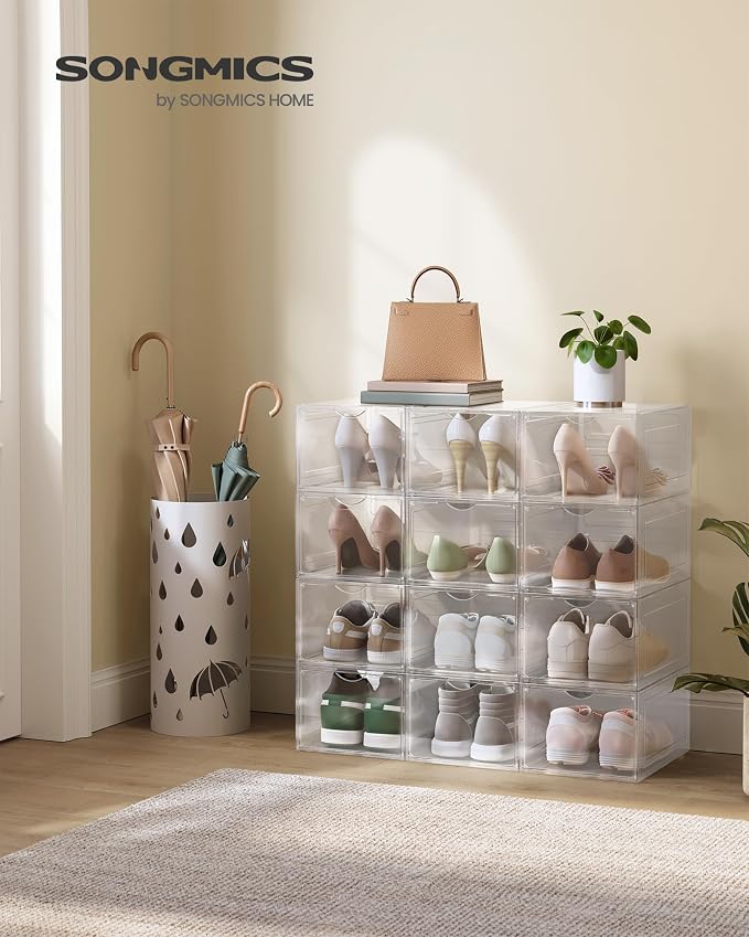 SONGMICS Shoe Boxes, Set of 12, Clear Plastic Sneaker Box, Up to US Size 11 | Stackable Shoe Storage Organizers, Drop Front Door, 13 x 9.8 x 7.1 Inches, Transparent White, DENNYS Collection ULSP032W12 - Image 2