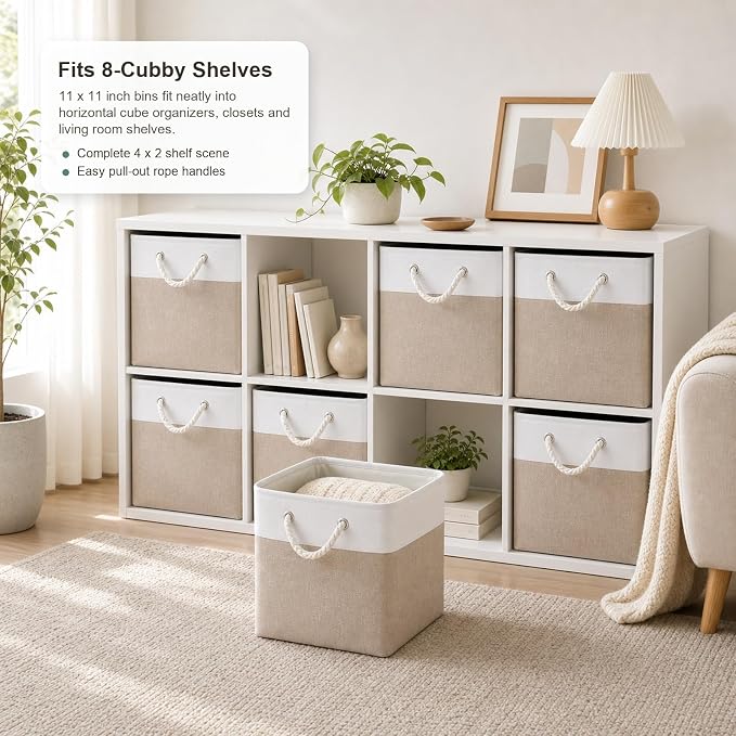 11x11 Inch Cube Storage Bins, 6 Pack Collapsible Fabric Storage Cubes with Rope Handles, Waterproof Foldable Storage Baskets for Cube Shelves, Closet, Clothes, Toys, Books, White & Beige - Image 7