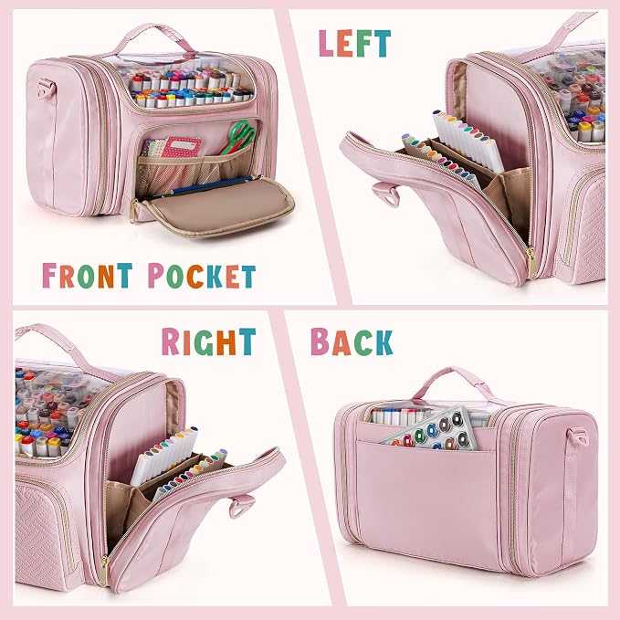 Rexmica Marker Organizer Case Storage Bag for 180-300 Markers, Pink | Detachable Divider, Shoulder Strap, Large Marker Travel Holder Case Bag for Adults for Various Markers or Art Craft Supply - Image 2