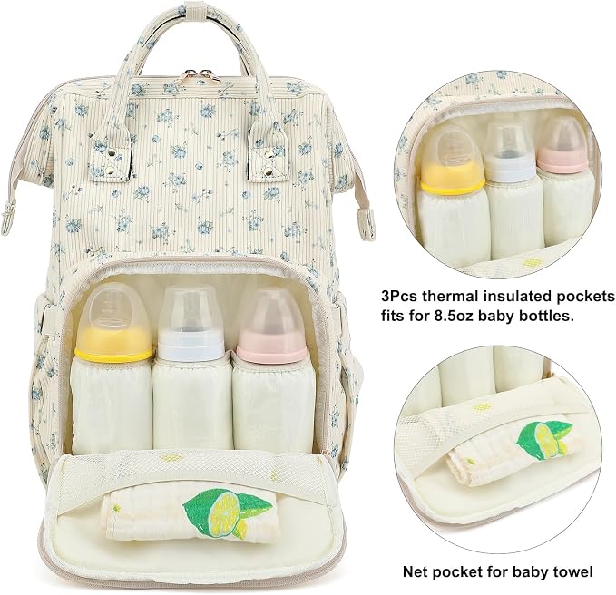 Corduroy Diaper Bag Backpack for Baby Girls Boys, Women Large Nappy Bags for Mom (Beige Corduroy Flowers Blue) - Image 3