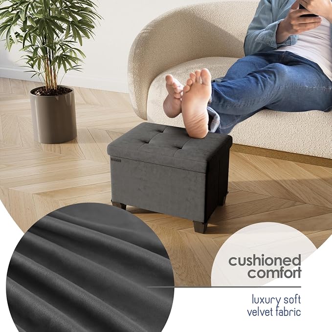 Storage Ottoman Cube with Small Bin, 16-in Square Ottoman with Storage for Living Room and Bedroom, Small Ottomans Foot Rest, Velvet Foot Stools Ottomans Max 330lbs, Grey - Image 7