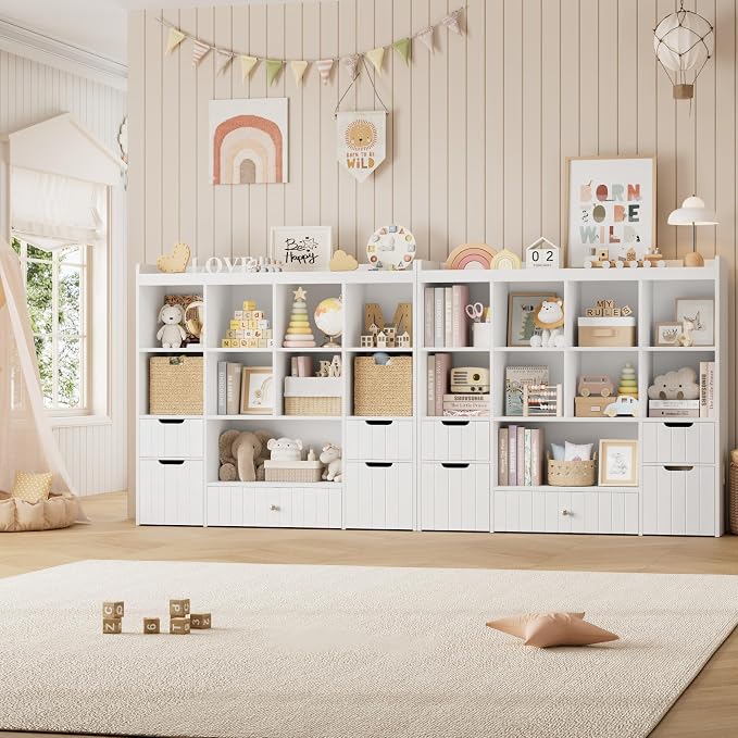 HORSTORS 48" W Kids Toy Storage Organizer, Kids Bookshelf w/Storage, White | 2 Mobile Toy Boxes & 3 Drawers, Toy Storage Chest with Open Cubbies for Boys and Girls, Kids Bookcase for Playroom, Classroom - Image 5