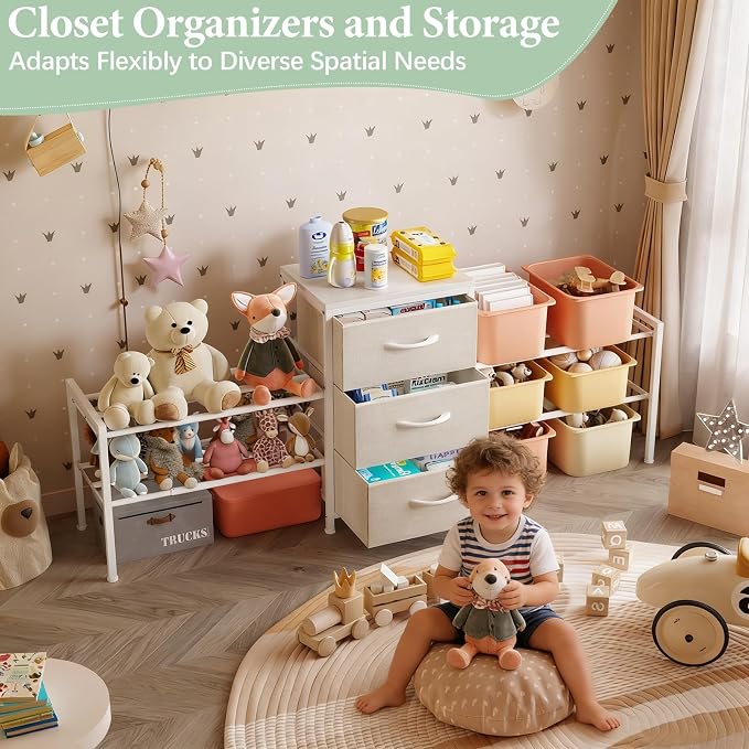 Expandable Closet Organizers and Storage,Wide Long 3 Drawer Dresser | White Fabric Storage Dresser, Clothes Shelves for Kids, Purse Organizer Small Shoe Rack for Closet Bedroom(47.24~71.47in) - Image 9