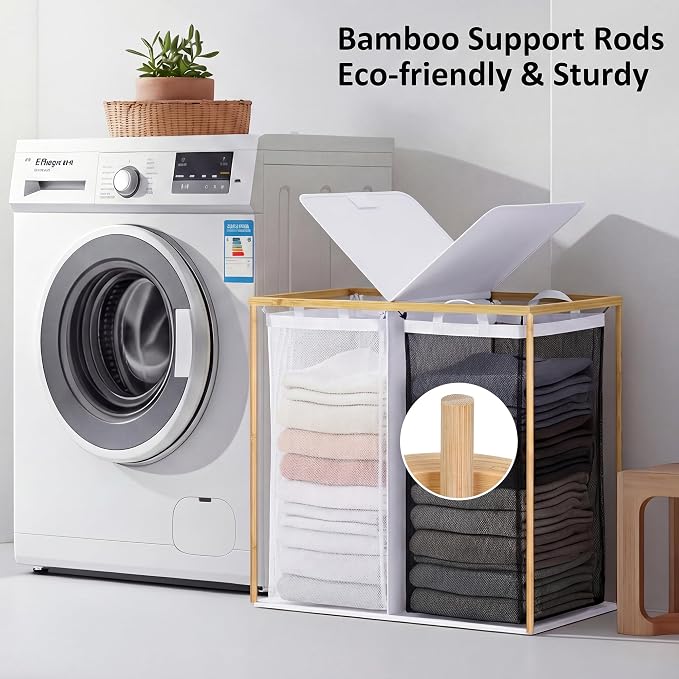 efluky Laundry Hamper with Lid, Double Laundry Basket with 2 Removable Bags, 2 Section Laundry Bin with Bamboo Handles for Bathroom, Bedroom & Laundry Room, 140L (36.9 Gallon) White - Image 6