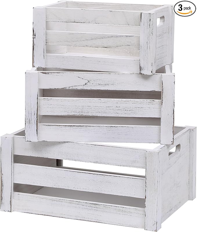 Set of 3 Nesting Wooden Crates, Small Rustic Farmhouse Wood Storage Boxes with Handles, Stackable Compact Organizer Bins for Kitchen Bathroom Bedroom Decor, 3 Sizes & 3 Colors (White, Brown, Black) by Unknown