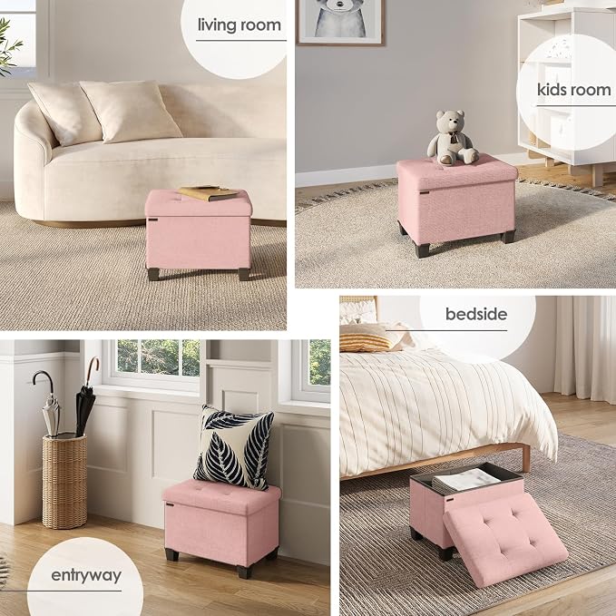 Storage Ottoman Cube with Small Bin, 16-in Square Ottoman with Storage for Living Room and Bedroom, Small Ottomans Foot Rest, Fabric Foot Stools Ottomans Max 330lbs, Pink - Image 4