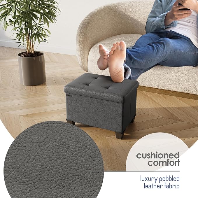 Storage Ottoman Cube with Small Bin, 16-in Square Ottoman with Storage for Living Room and Bedroom, Small Ottomans Foot Rest, Leather Foot Stools Ottomans Max 330lbs, Grey - Image 7
