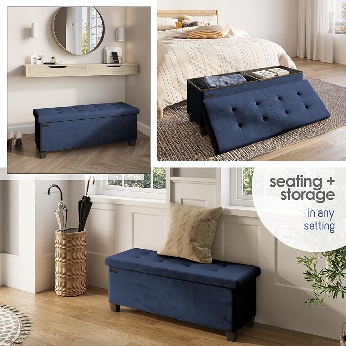 Storage Ottoman Bench with Bins, 43-in Storage Bench for Bedroom End of Bed, Folding Foot Rest Ottoman for Living Room Max 660lbs, Velvet Ottomans, Blue - Image 5