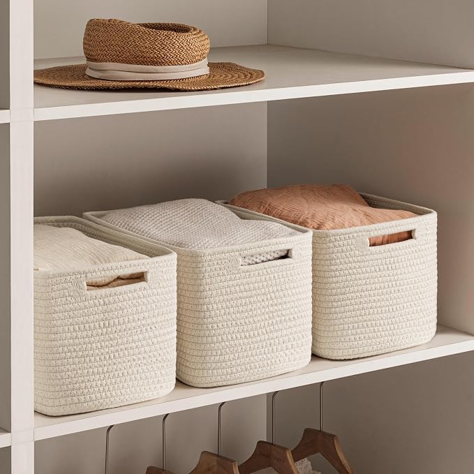 4 Pack Storage Baskets for Organizing, Woven Baskets for Shelves, Beige | 13"Lx9"Wx7.5"H, Woven Basket, Cotton Rope Basket, Toy Storage, Cube Shelf, Gift Baskets Empty, Home Decor - Image 5
