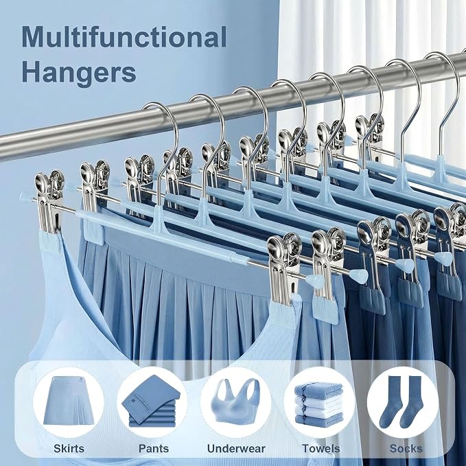 POZEAN Pants Hangers with Clips for Women 50 Pack, 12Inch Adjustable Heavy Duty Skirt Hangers, Space Saving Non-Slip Shorts Jeans Trousers Clothes Hangers, Blue - Image 3