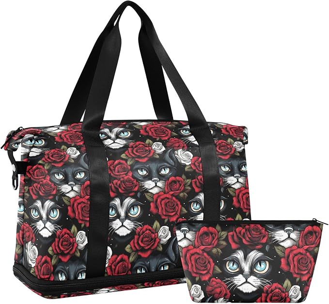 Travel Duffel Tote Bag Gothic Skull Cat Rose Sports Duffel Bag with Wet Pocket Weekender Overnight Bag for Women Men Gym Bag, Carry On Bag Hospital Bag for Labor and Delivery - Image 7
