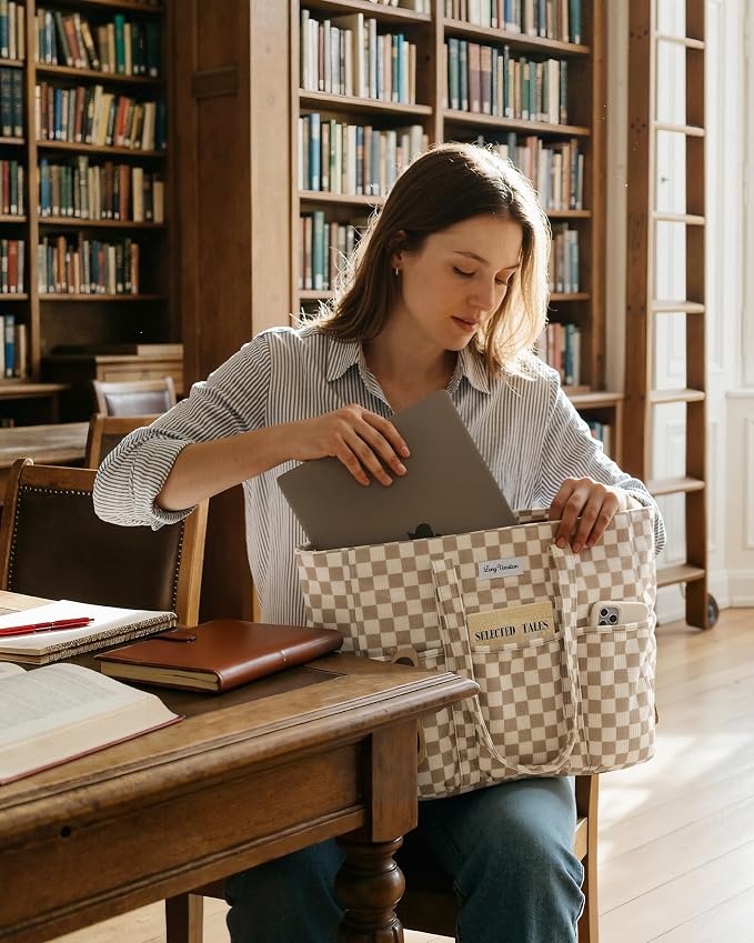 LONG VACATION Corduroy Tote Bag for Women, 16 Pockets Large Work Laptop Bag | 15.6" Laptop Compartment, 40oz Cup Holder, Lightweight, Washable, Teacher Nurse Bag for Office School Travel Gym College - Image 2