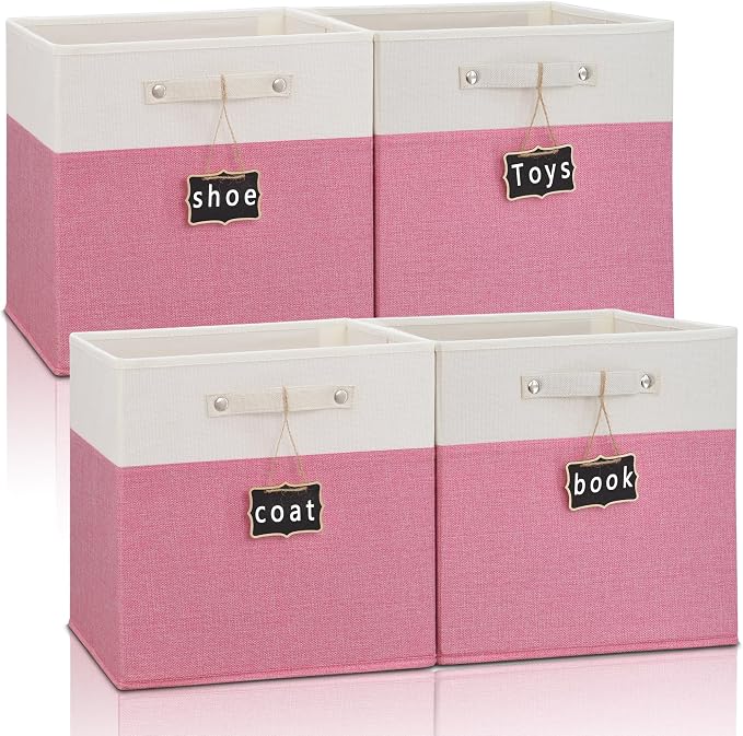 Storage Cubes,13 x 15 x 13 storage cubes,Foldable Fabric Storage Cubes with Labels 4 Pack,Linen Cube Storage Organizer Bins Kallax Storage Cubes for Organizing Shelves Cabinet(White pink). by Storageexperts