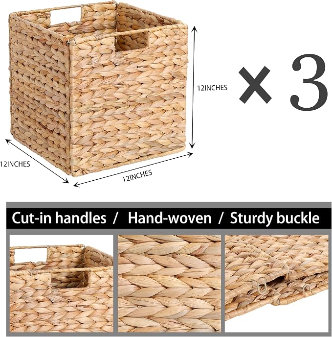 12 x 12 x 12in Water Hyacinth Storage Baskets, Wicker Storage Baskets for Shelves, Foldable Square Bins for IKEA Kallax Set of 3, Large Cubby Rattan Basket, Wicker Basket for Organizing - Image 4