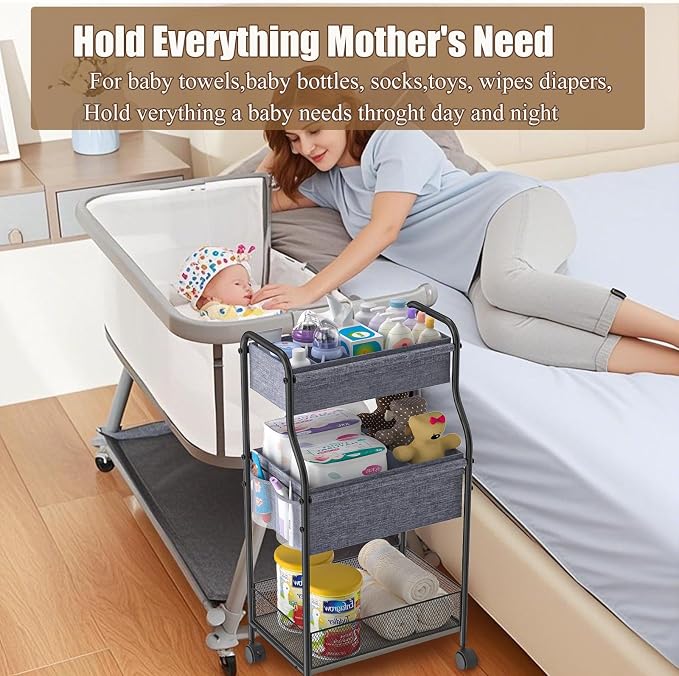 3-Tier Baby Diaper Caddy Organizer and Storage Cart, Mobile Metal Utility Cart with Rolling Wheels for Nursery Essentials with 4+2 Dividers, Large Capacity Rolling Cart For Bedroom, Bathroom, Nursery - Image 9