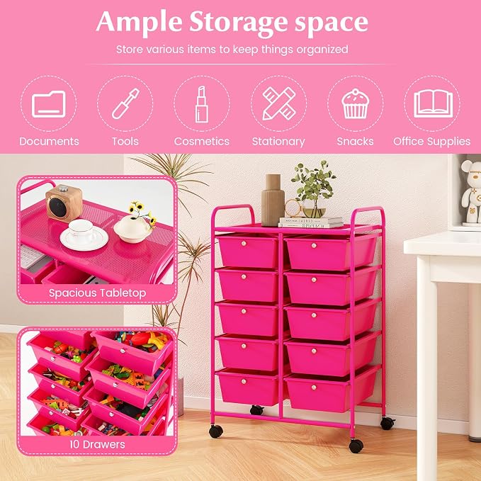 RELAX4LIFE 10-Drawer Rolling Storage Cart - Mobile Craft Art Supply Storage Organizer for Tool Scrapbook Paper Salon, Office School Classroom Teacher Rolling Cart with Drawers, Utility Cart on Wheels - Image 4