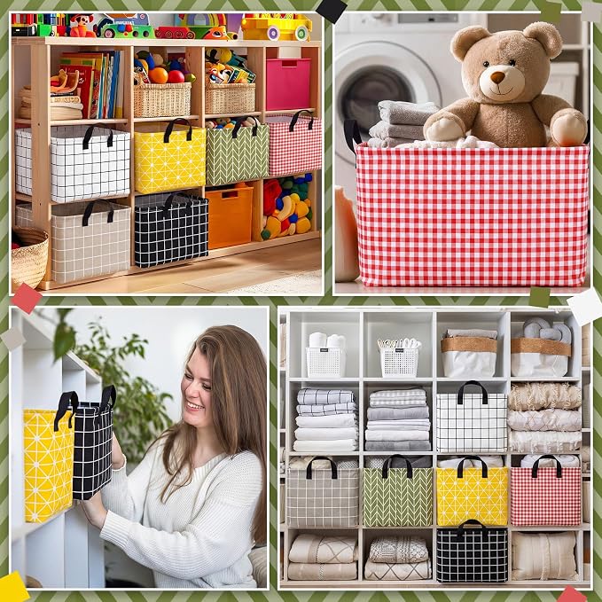 CHENGU 6 Pack Storage Baskets with Handle Back to School Foldable Baskets for Shelves Classroom Plaid & Geometric Storage Bin Large Collapsible Canvas Bin for Closet Nursery Home Organization 6 Colors - Image 5