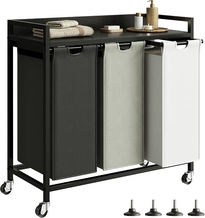 Herture Laundry Hampers with Shelf, Laundry Basket 3 Section, 3 x 15.87 Gal | Laundry Sorter with Pull-Out Removable Large 3 Color Bags and Movable Wheels, Metal Frame, Black PF04XLK by Herture
