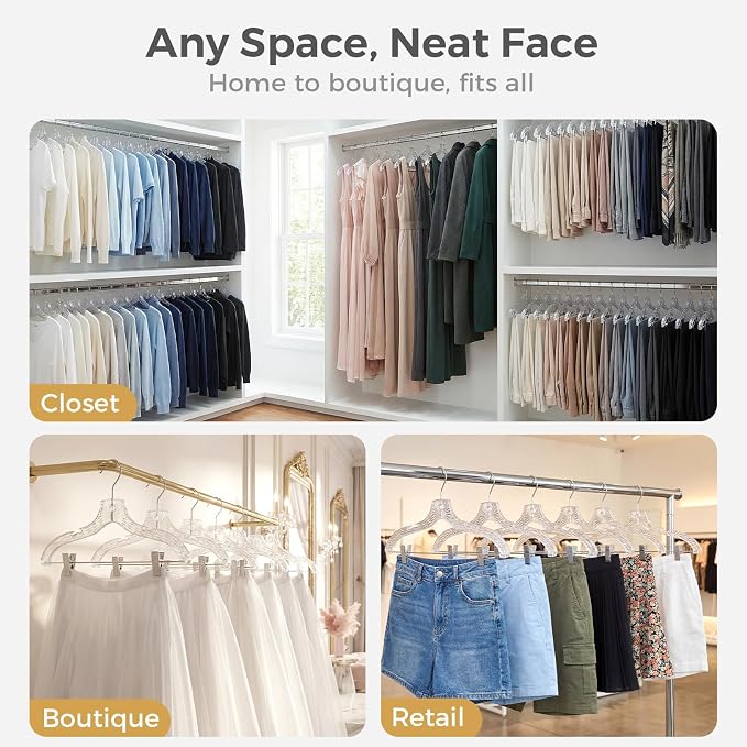HOUSE DAY Clear Hangers with Clips 12 Pack, Set Hanger for Tops and Bottoms | Clear Clothes Hangers with Adjustable Clips, Shoulder Notches and Swivel Hook for Pants, Skirts, Dresses and Tops - Image 7