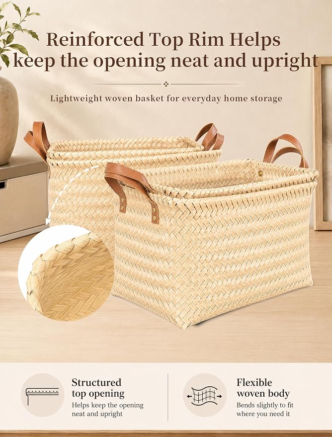 Wicker Storage Baskets, 4 Pack Woven Baskets for Shelves, Yellow | PP Rattan, Water-resistant Wicker Basket, Large Baskets with Faux Leather Handles for Blanket, Laundry Organizer, Room Decor - Image 5