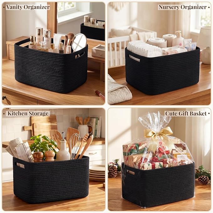 OIASKET 4Packs Natural Cotton Rope Storage Baskets for Organizing Toys, Clothes, Towels & Books, Soft Versatile Organizers for Shelves, Home Decorative Bins, 13''Lx9''Wx7.8''H, Black - Image 8