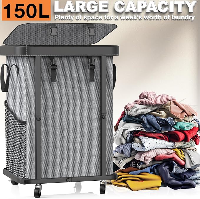 Laundry Basket with Wheels,150L (40 Gal) Rolling Hamper Carts - Gary | Leather Patchwork Laundry Hamper,Sturdy Metal Frame, Removable Washable Bag, Tall Clothes Sorter for Bedroom, Laundry Room - Image 3