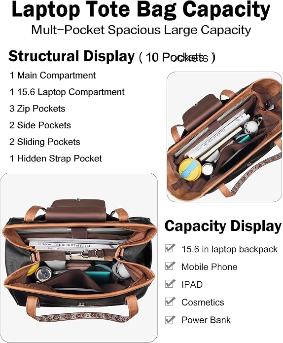 Large Laptop Tote Bag for Women Designer Leather Laptop Bag, 15.6in | Fashion Travel Backpack Purse Shoulder Handbag Fits 15.6 Laptop, Daily, Work, Business Trip, Weekend Travel, Teacher - Image 4
