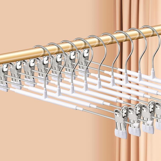 Pants Hangers with Clips Skirt Hangers 16 Inch 10 Pack, White | Non-Slip,Adjustable metal clips,Space-Saving,Heavy duty, for pants/skirt/dress/trousers/jeans/shorts/Clothes,Women,men by HWAJANClothesOrganizer