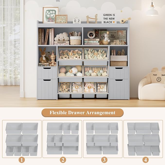 HORSTORS 55" W Toy Storage Organizer, Large Kids Bookshelf, Toy Box, Grey | 8 Plastic Storage Bins / 2 Removable Toy Storage Boxes / Open Shelves, Kids Bookcase with Drawers for Playroom, Kids Room - Image 7